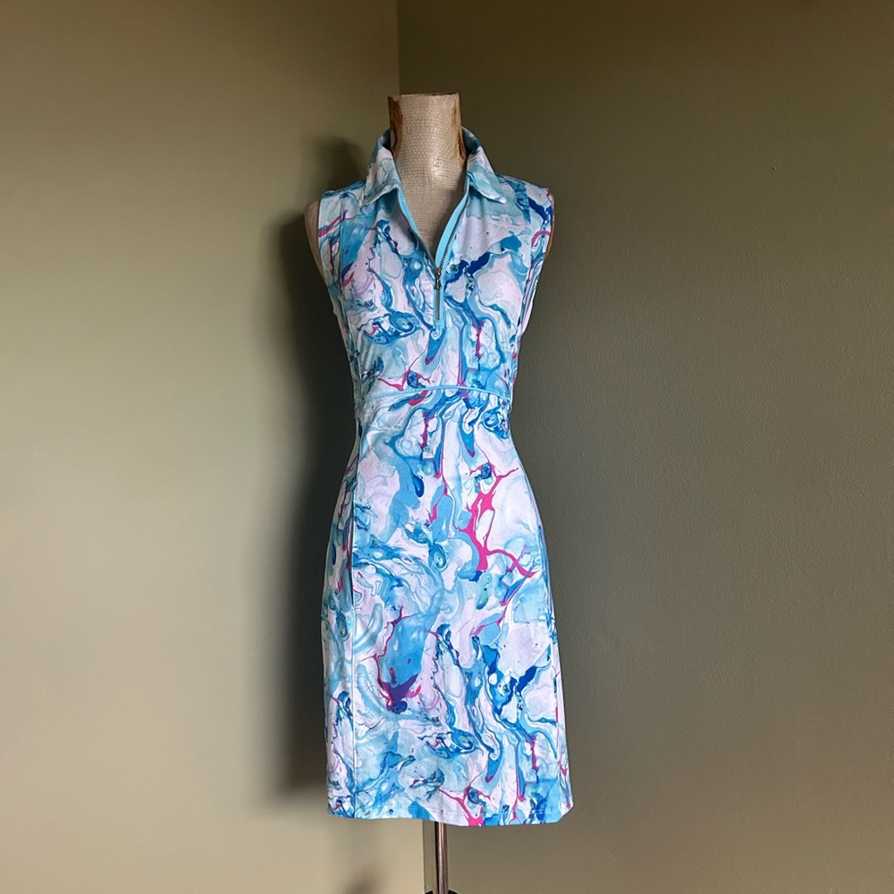 EP Pro Ocean Reef Club Abstract Blue and Pink Sleeveless Zip Dress NWT